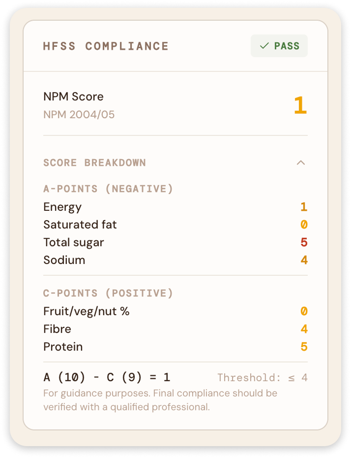 Automatic compliance checks and nutrition claim validation