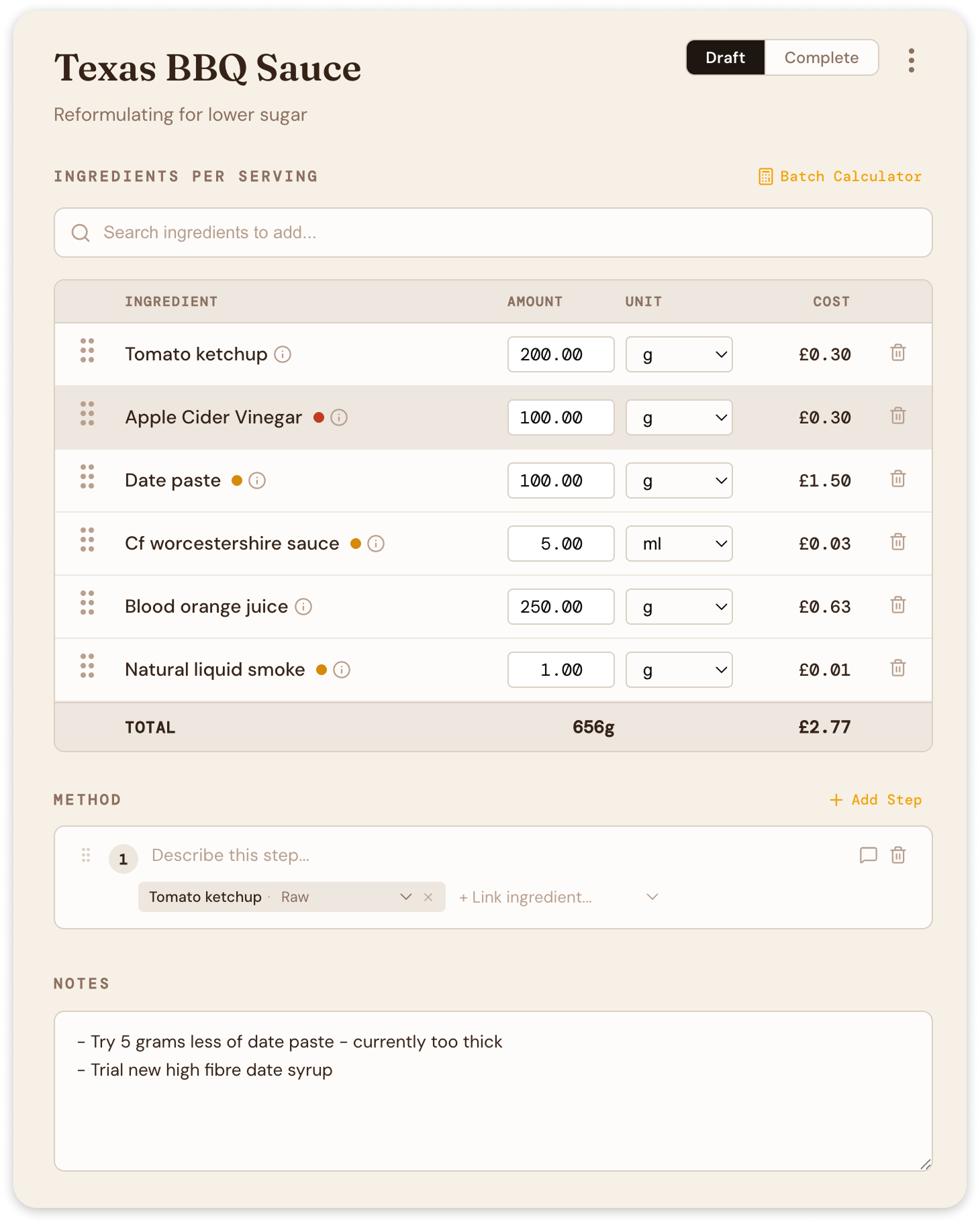 Recipe formulation interface with real-time nutrition updates