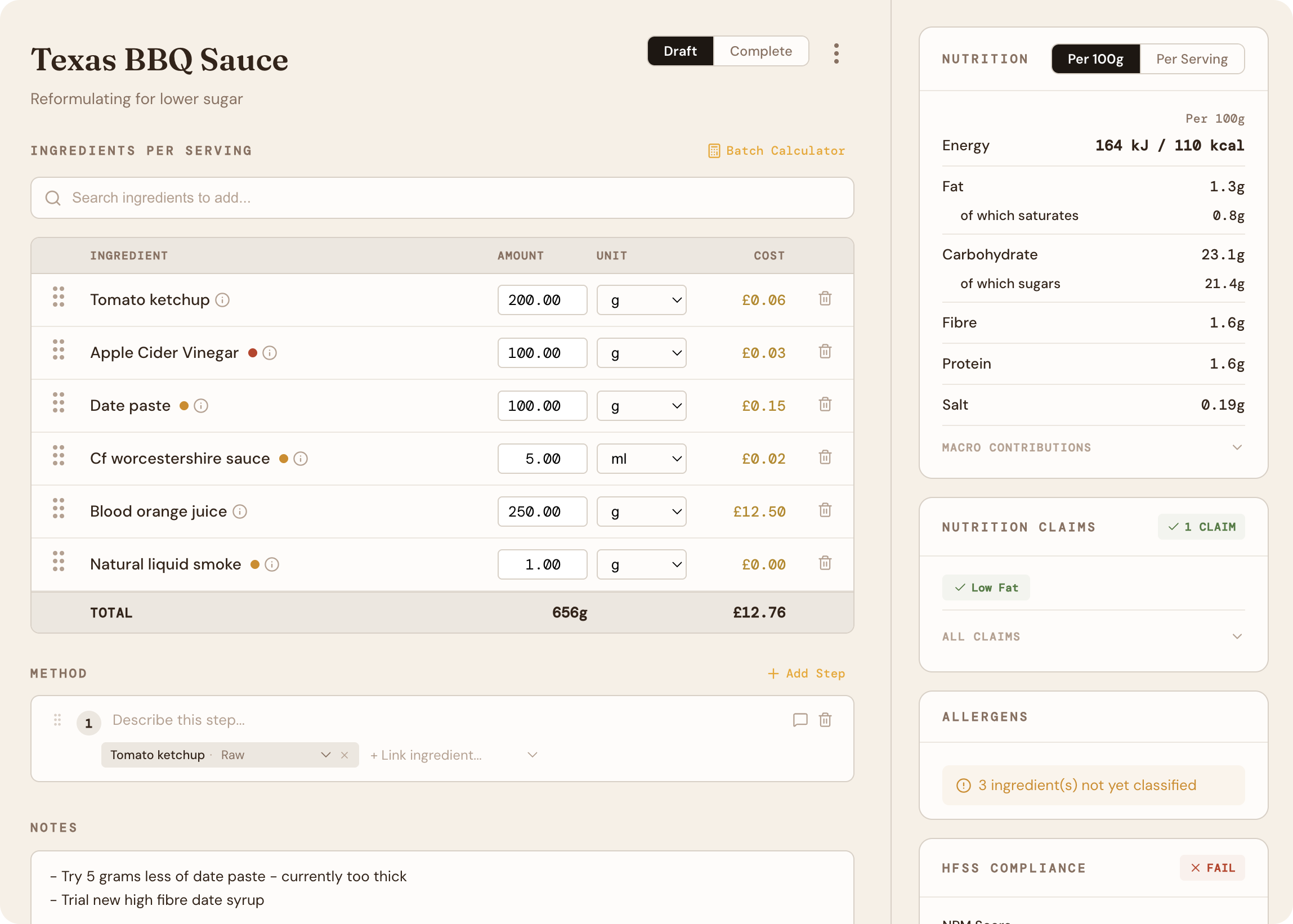 Nibblr product dashboard showing recipe formulation and nutrition data